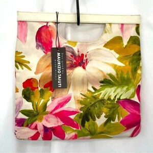 Maurizio Taiuti Genuine Leather Fold Clutch Floral Pink White Cut Out Handles